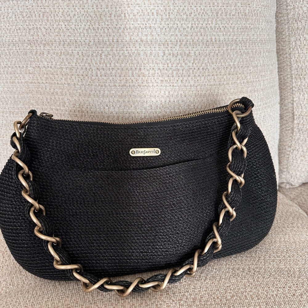 Eric Javits Black Woven Shoulder Tote with Antique Gold Chain